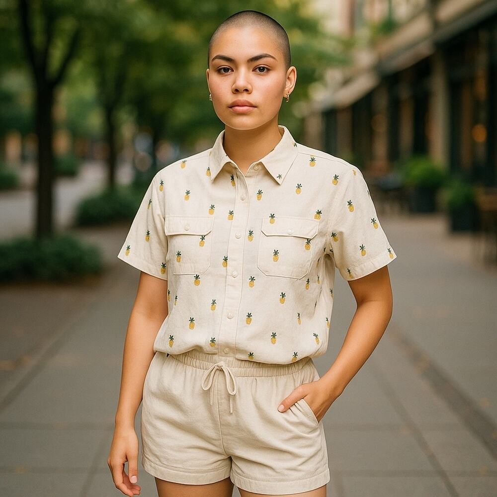 Rae Dunn Pineapple Linen Button Down Shirt Large NWT Resort Vacation - Picture 13 of 13